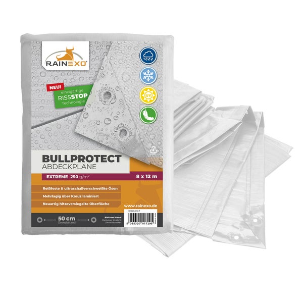 Rainexo Bullprotect Abdeckplane Extreme, 8 mal 12 Meter, 250 Gramm pro Quadratmeter, mit Ripstop Technologie und verstärkten Ösen.