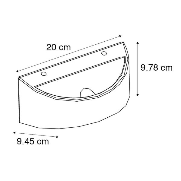 Zeichnung eines Waschbeckens mit Maßen 20 cm Breite, 9,78 cm Höhe und 9,45 cm Tiefe