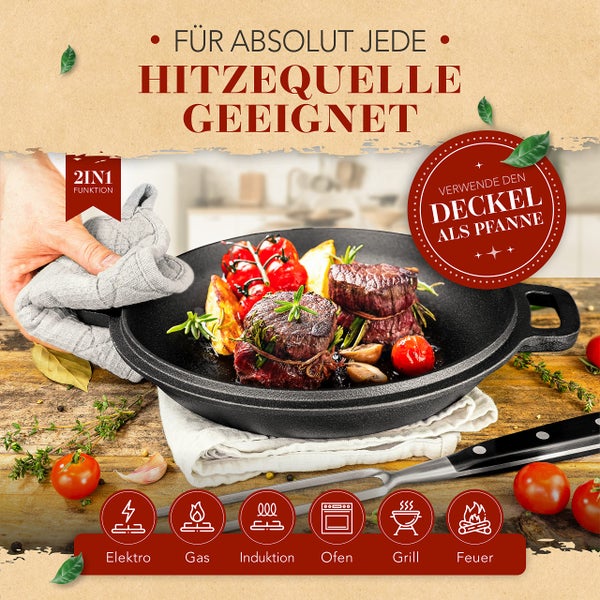 KRUSTENZAUBER Gusseisen Topf [inkl. Fleischgabel] - Robuster 26cm Gusseisen Bräter mit Deckel Backofengeeignet - Ideal als Schmortopf Induktion, Dutch Oven Set, Kazan, Cast Iron Pot, Kochtopf