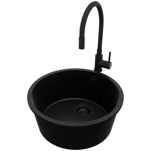 PRIMAGRAN Granitspüle Alles Schwarz 46x46cm, Spülbecken Rund 1 Becken + Küchenarmatur 40x38cm + Ablauf-Set, Küchenspüle ab 50er Unterschrank - Valletta Slim