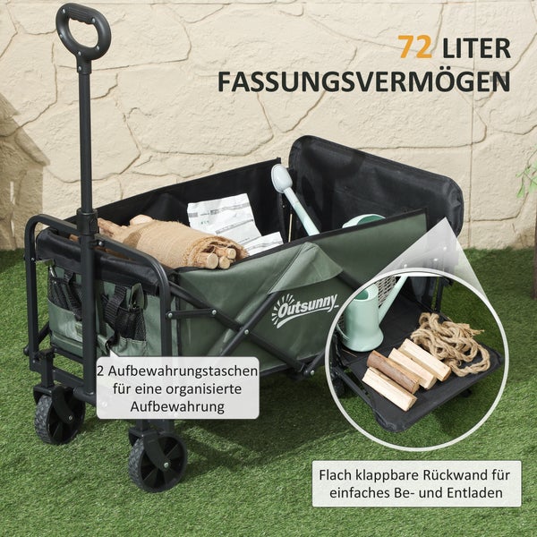 Outsunny Gartenwagen 90 kg belastbar, klappbar Transportwagen mit herausnehmbare Plane, Griff, Rädern, Lenkachse, Bollerwagen Handwagen Gartenkarre 72 Liter Gerätewagen für Haus Garten, Grün