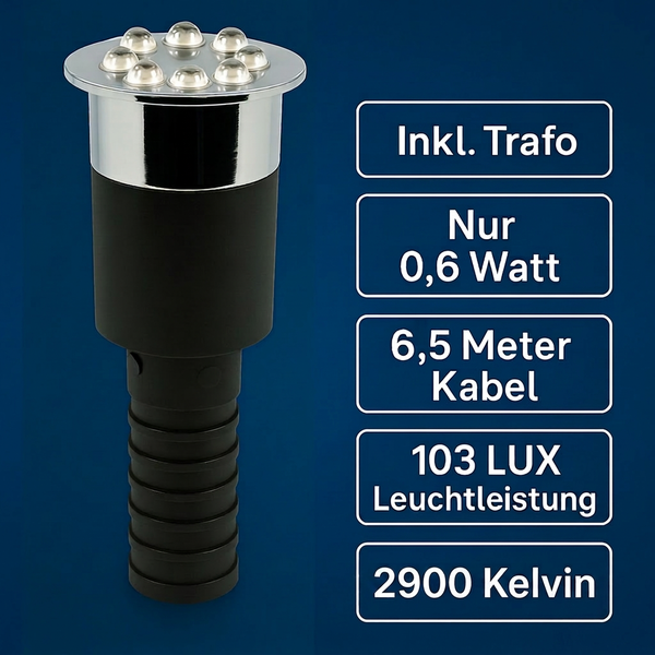 LED-Bodeneinbaustrahler mit 0,6 Watt, inklusive Transformator, 6,5 Meter Kabel, 103 Lux Leuchtleistung und 2900 Kelvin.