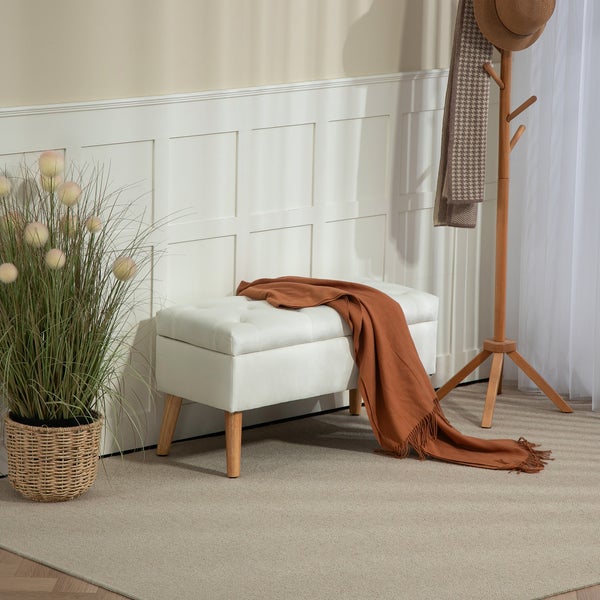 HOMCOM Sitzbank mit Stauraum, Polsterbank mit Deckel, Bettbank mit Samtoptik, für Flur Schlafzimmer Wohnzimmer, Gummiholz 80 x 35 x 40 cm Weiß