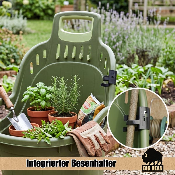 Gartentrage mit integriertem Besenhalter für den Transport von Gartenutensilien und Pflanzen im Freien.