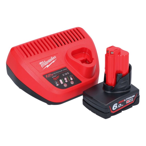 Milwaukee Akku-Ladegerät C 12 C und M12 Redlithium Akku mit 6,0 Amperestunden.