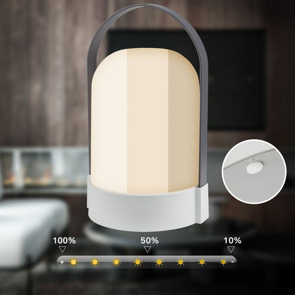 Tragbare Leuchte mit Tragegriff und dimmbarer Helligkeit in Stufen von 100 Prozent, 50 Prozent und 10 Prozent.