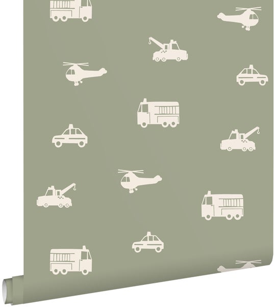 Tapetenrolle mit Fahrzeugmotiven wie Hubschrauber, Abschleppwagen und Polizeiauto