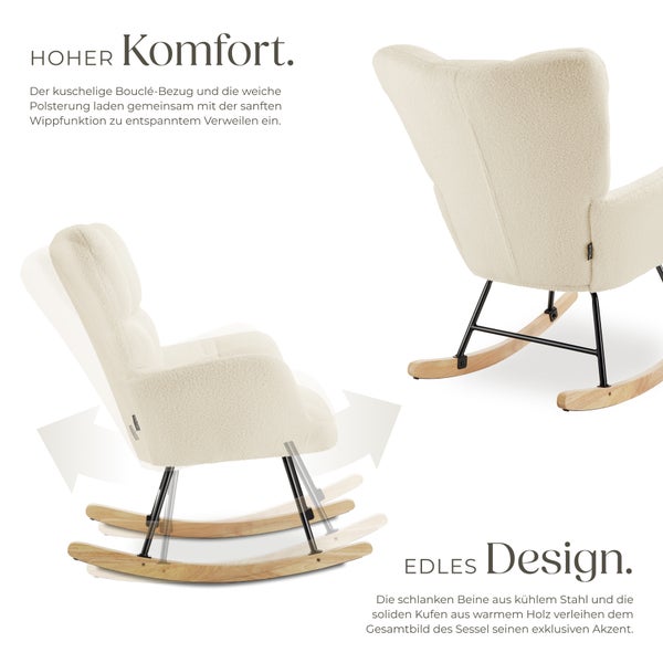 Schaukelstuhl tectake Torve 68 x 96 x 97 cm, Belastbarkeit 120 kg gepolstert mit Bouclé-Bezug, gesteppt beige