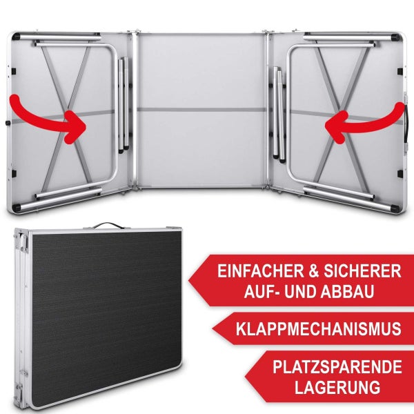 Klapptisch mit Klappmechanismus, zeigt die Unterseite mit eingeklappten Beinen und den zusammengeklappten Zustand für platzsparende Lagerung.