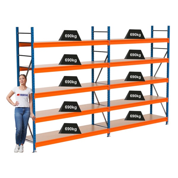 Schwerlastregal mit mehreren Ebenen und einer Traglast von 690 kg pro Ebene