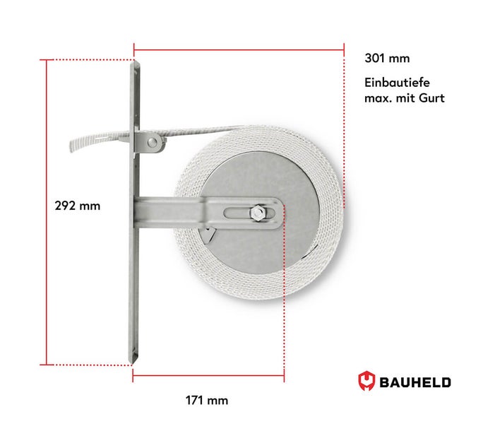Rolladengurtwickler mit den Massen 292 mm Höhe, 301 mm Tiefe und 171 mm Breite