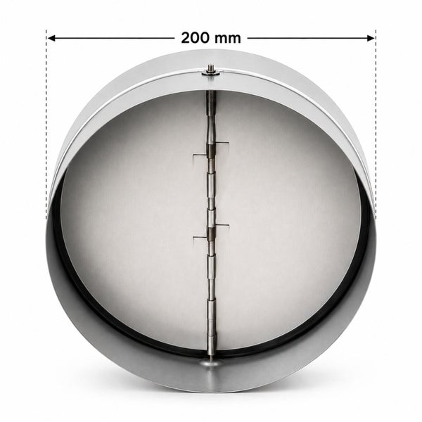 Rückstauklappe aus Metall für Lüftungsrohre mit einem Durchmesser von 200 Millimeter.