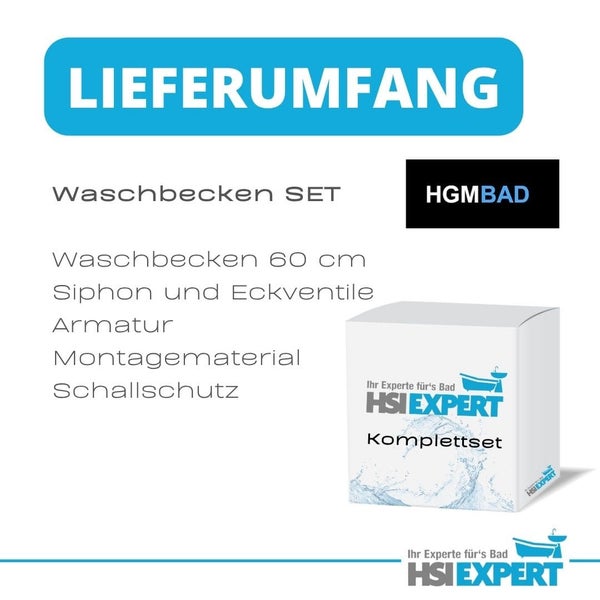 Lieferumfang Waschbecken Set, Waschbecken 60 cm, Siphon, Eckventile, Armatur, Montagematerial, Schallschutz und HSI Expert Logo