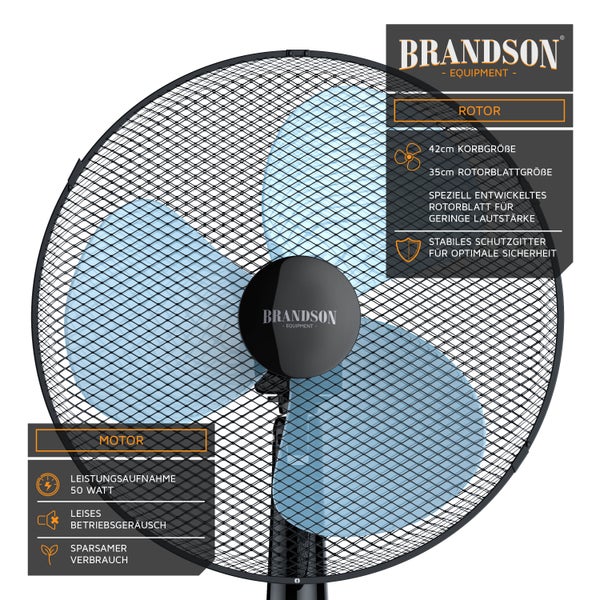 Brandson Standventilator mit 3 Geschwindigkeitsstufen, Standfuß höhenverstellbar, Ventilator mit hohem Luftdurchsatz, Oszillationsfunktion 80°