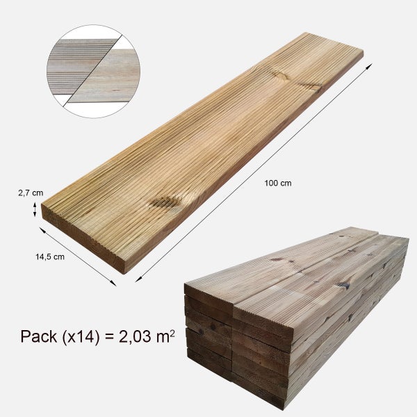 Terrassendiele aus Holz, 100 cm lang, Pack mit 14 Stück ergibt 2,03 m²