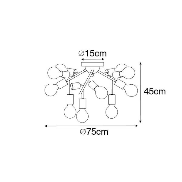 Technische Zeichnung einer Deckenleuchte mit den Maßen 15, 45 und 75 Zentimeter