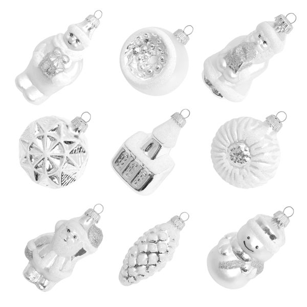 Silberfarbiges Formen- & Figuren-Sortiment 6-8cm, 9-teilig, Glasornamente, mundgeblasen, handbemalt, 9 Stck., Weihnachtsbaumkugeln, Christbaumschmuck, Weihnachtsbaumanhänger