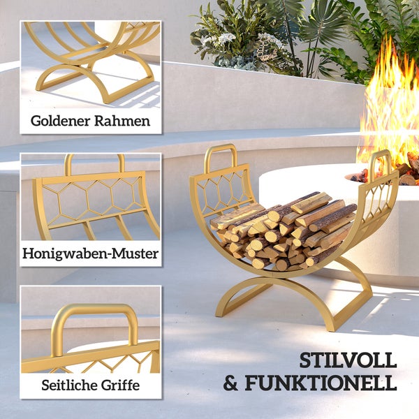 Brennholzregal mit goldenem Rahmen und Honigwabenmuster neben einem Feuer