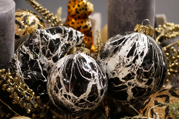 Spezial Glasornament Eisbär Schwarze Marmoroptik, Schwarz/Weiß Glanz, 10cm, 1 Stck., Weihnachtsbaumkugeln, Christbaumschmuck, Weihnachtsbaumanhänger