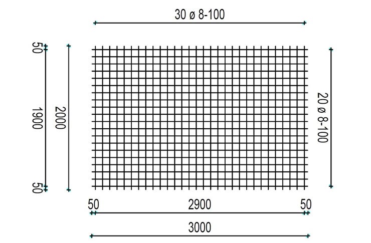 Technische Zeichnung einer Bewehrungsmatte mit Maßangaben