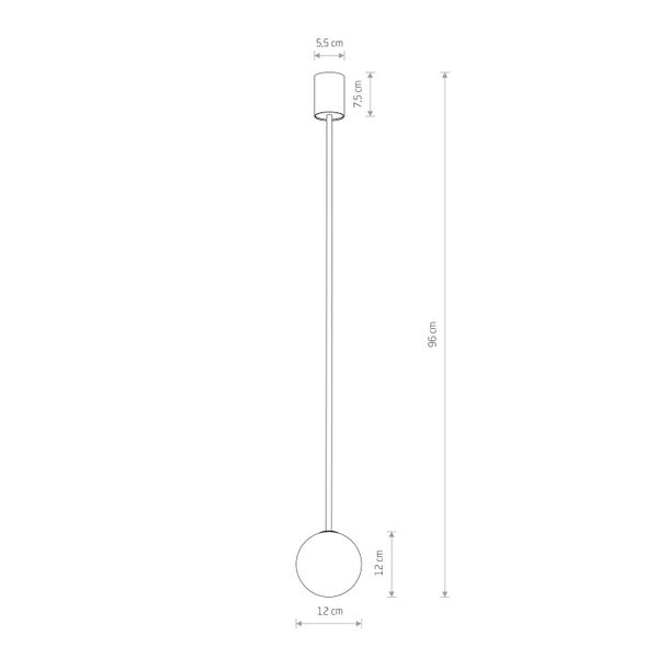 Skizze einer Stehlampe mit Maßangaben: 96 cm hoch, Lampenschirm 5,5 cm breit und 7,5 cm hoch, Lampenfuß 12 cm Durchmesser.