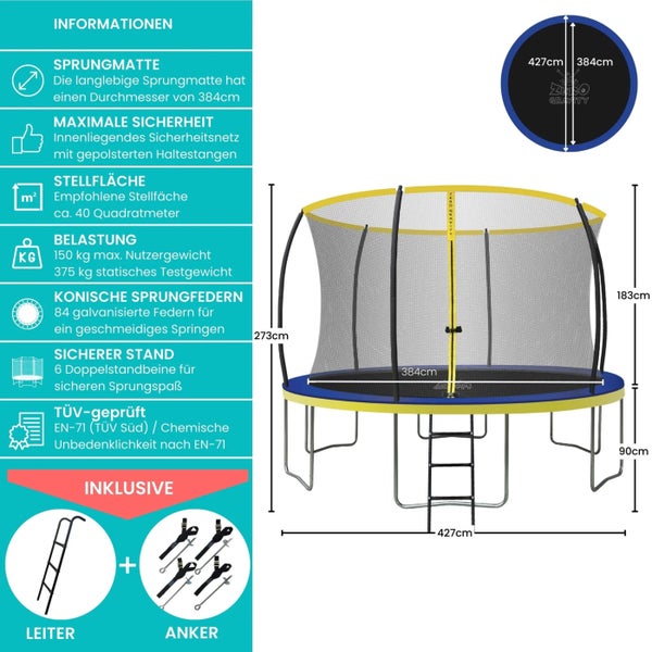 Abmessungen und Informationen zu einem runden Gartentrampolin mit Sicherheitsnetz, Leiter und Ankern