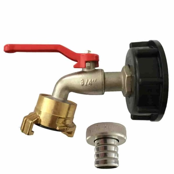 IBC-Adapter mit Auslaufhahn drei viertel Zoll, GK-Kupplung und Schlauchtülle.