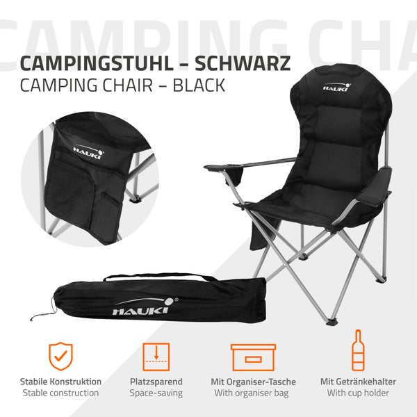 Hauki Campingstuhl faltbar, Schwarz, Angelstuhl mit Getränkehalter & Tragetasche, Gartenstuhl klappbar, bis 150kg, Übergroßer Klappstuhl mit Hochlehner, Gepolster Faltstuhl leicht, Anglerstuhl tragbar