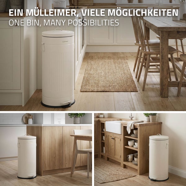 Ein runder Tretmülleimer aus Metall in einer rustikalen Küche. Der Abfalleimer ist freistehend und fügt sich harmonisch in das Küchendesign ein.