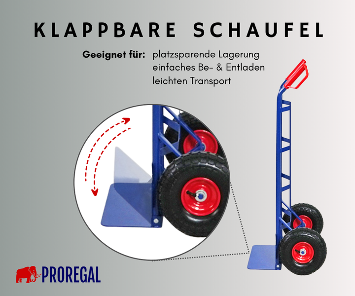 Sackkarre mit klappbarer Schaufel für platzsparende Lagerung und einfachen Transport. ProRegal Logo.