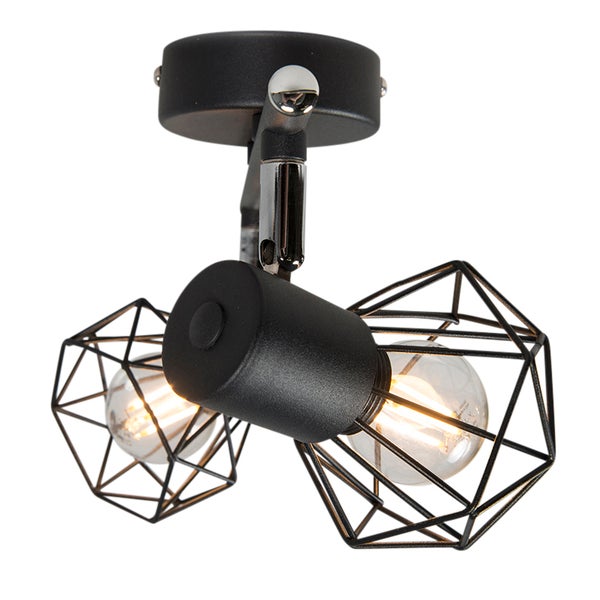 Schwarze Deckenleuchte mit zwei Leuchten und geometrischen Lampenschirmen