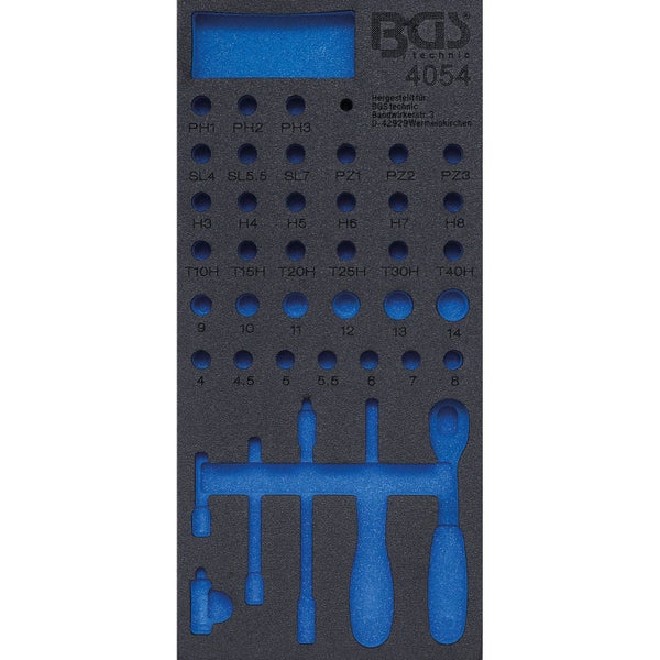 Schwarz-blaue Schaumstoffeinlage für Werkzeugset BGS technic 4054 mit Aussparungen für Steckschlüssel, Bits und eine Ratsche.
