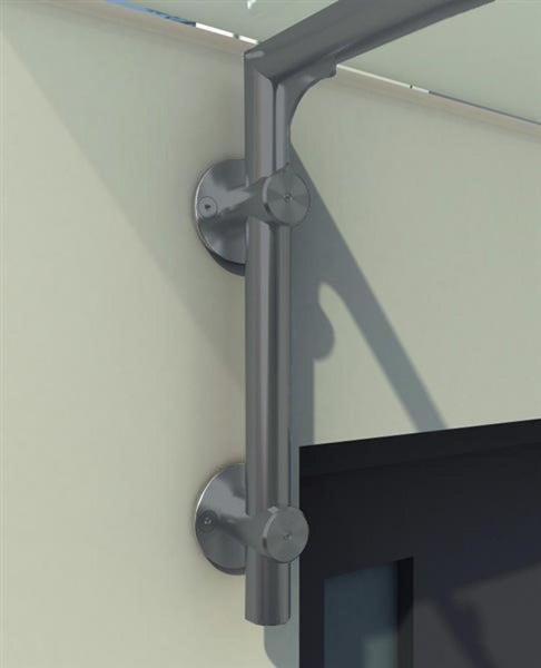 Wandhalterung aus Edelstahl für Glasvordächer mit zwei runden Befestigungspunkten.
