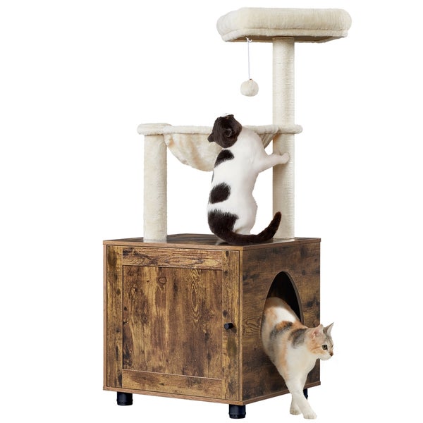 Katzenkratzbaum mit Katzenhaus und zwei Katzen