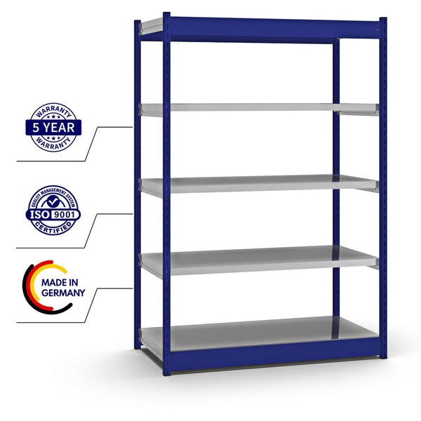 PROREGAL Fachbodenregal Stecksystem Vierkant-Profil Grundregal HxBxT 200 x 132,5 x 60 cm 5 Ebenen Einseitige Bauart Fachlast 200 kg Enzianblau