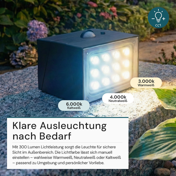 LED-Außenstrahler mit Bewegungsmelder, 300 Lumen, einstellbare Lichtfarbe von 3000 Kelvin Warmweiß bis 6000 Kelvin Kaltweiß.