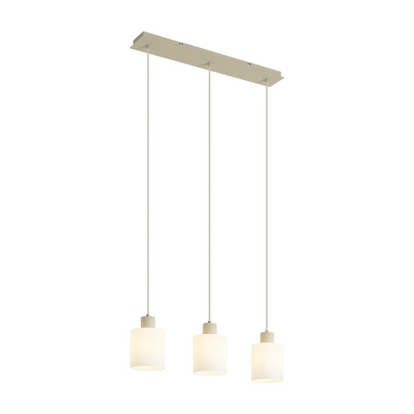 Dreiflammige Pendelleuchte mit rechteckigem Baldachin und zylindrischen, geriffelten Glasschirmen in Beige.