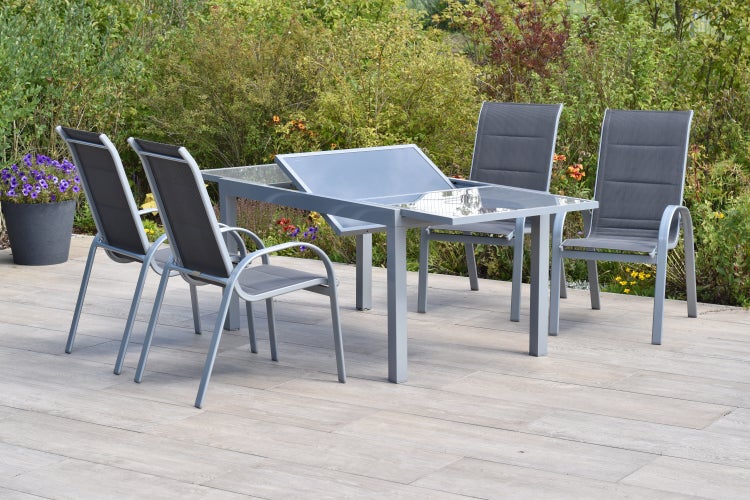Amalfi di Lusso Set 5tlg., 4 Stapelsessel, Ausziehtisch 160 (220) x 90 cm, silber/anthrazit