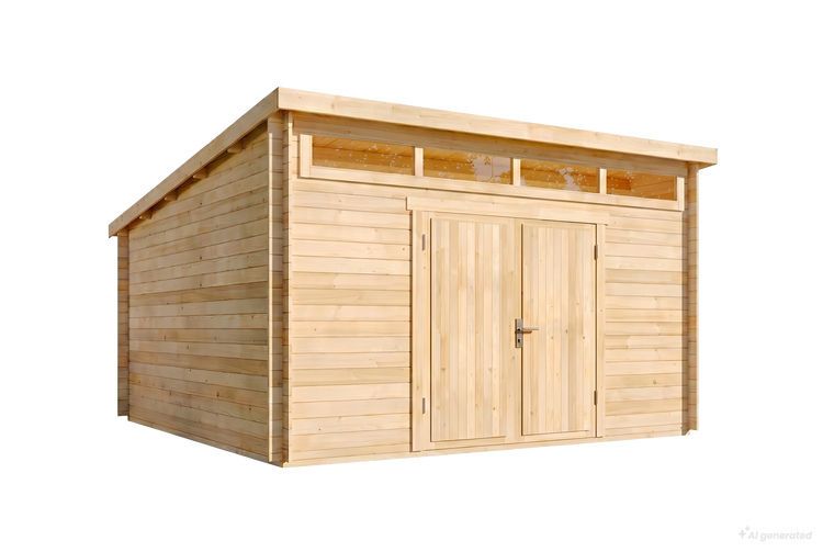 Gartenhaus aus Holz mit Flachdach, Doppeltür und Oberlichtfenstern