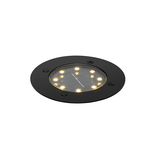 Runder schwarzer Solar-Bodenstrahler mit Leuchtdioden und integriertem Solarpanel.