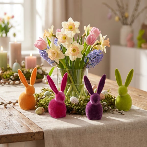 Osterdekoration mit vier verschiedenfarbigen Osterhasen aus Samt und einer Blumenvase mit Narzissen und Hyazinthen auf einem Holztisch.
