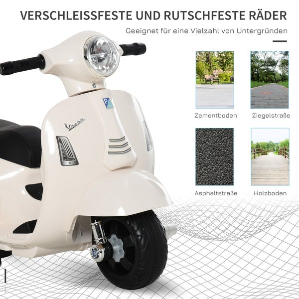 HOMCOM VESPA Elektromotorrad, 18-36 Monate, 3 km/h, LED-Licht Sound, 66,5 x 38 x 52 cm, Kunststoff, Metall, Weiß