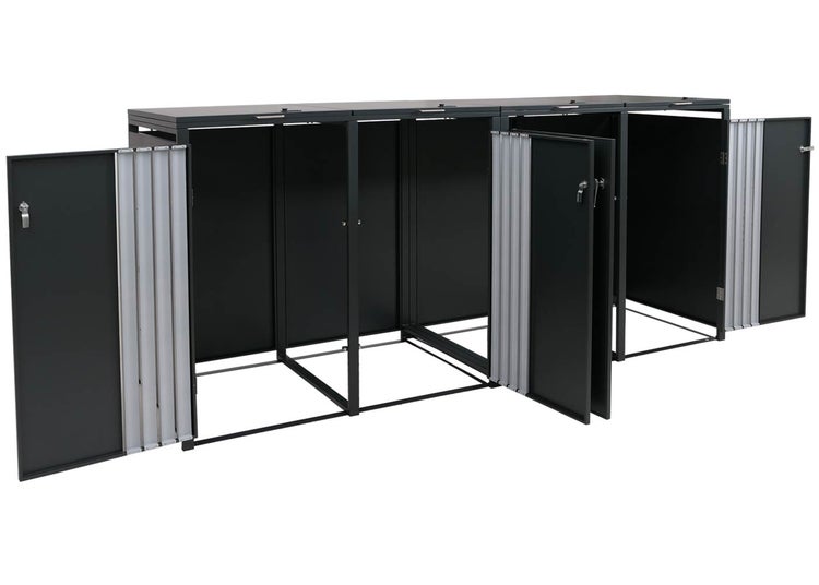 Fahrradbox mit geöffneten Türen zur Aufbewahrung von Fahrrädern im Außenbereich