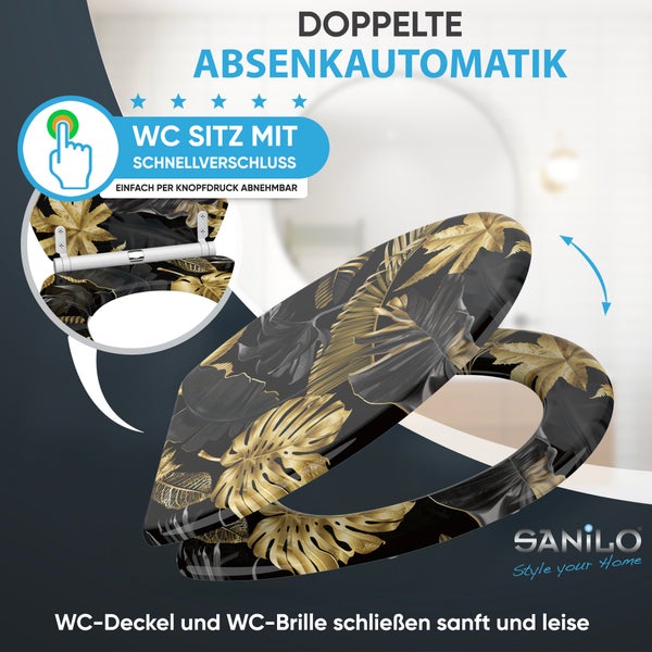 Sanilo WC Sitz mit Absenkautomatik und Schnellverschluss, tropisches Blattmotiv, einfach abnehmbar für Reinigung, leise schließend
