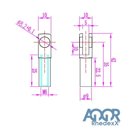 Technische Zeichnung eines Gabelkopfs mit Maßangaben. Gewinde M6, Gesamthöhe 42 Millimeter. AQQOR Rhedexx Logo.