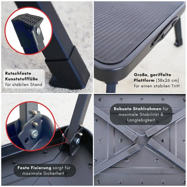 Produktdetails eines Klapptritts mit rutschfesten Füßen, geriffelter Plattform 38 mal 26 Zentimeter, fester Fixierung und robustem Stahlrahmen.