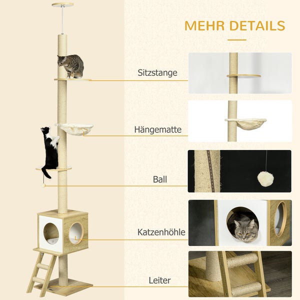 PawHut Kratzbaum, Katzenkratzbaum Deckenhoch, 240-260 cm, Kletterbaum mit Katzenhaus, Jute-Seilpfosten, Hängematte, Katzenleiter, Spielball, Katzenmöbel, Katzenbaum, Kippschutz, Beige+Hellbraun
