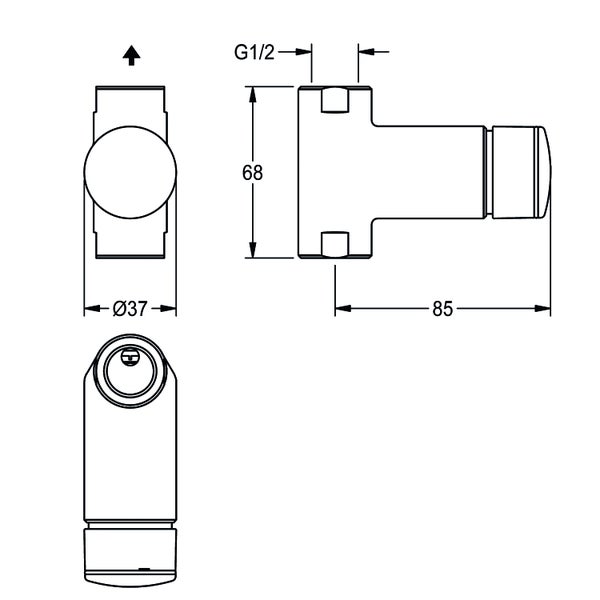 Maßzeichnung einer Sanitärarmatur. Höhe 68 Millimeter, Länge 85 Millimeter, Durchmesser 37 Millimeter, Gewinde G 1/2 Zoll.