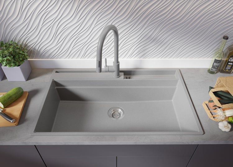 PRIMAGRAN Spülbecken Grau 88x53cm, Granitspüle 1 Becken + Ablauf-Set + Küchenzubehörset, Küchenspüle ab 90er Unterschrank - Oslo Pocket