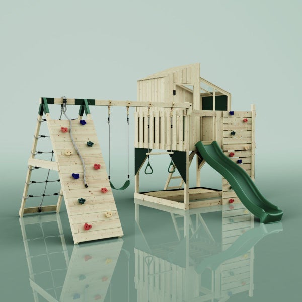 OutdoorToys Spielturm Finn aus Holz in Grün Trapezschaukel
